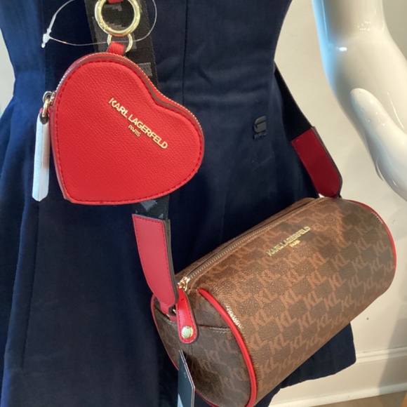 NWT KARL LAGERFELD CROSSBODY BROWN LOGO BAG W RED HEART COIN PURSE - Picture 13 of 13